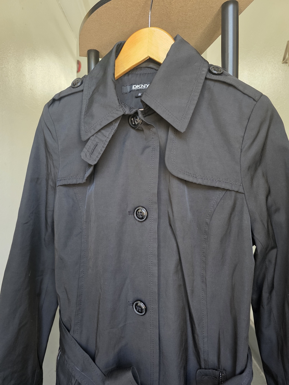 DKNY Black Classic Trench Coat with Waist Tie